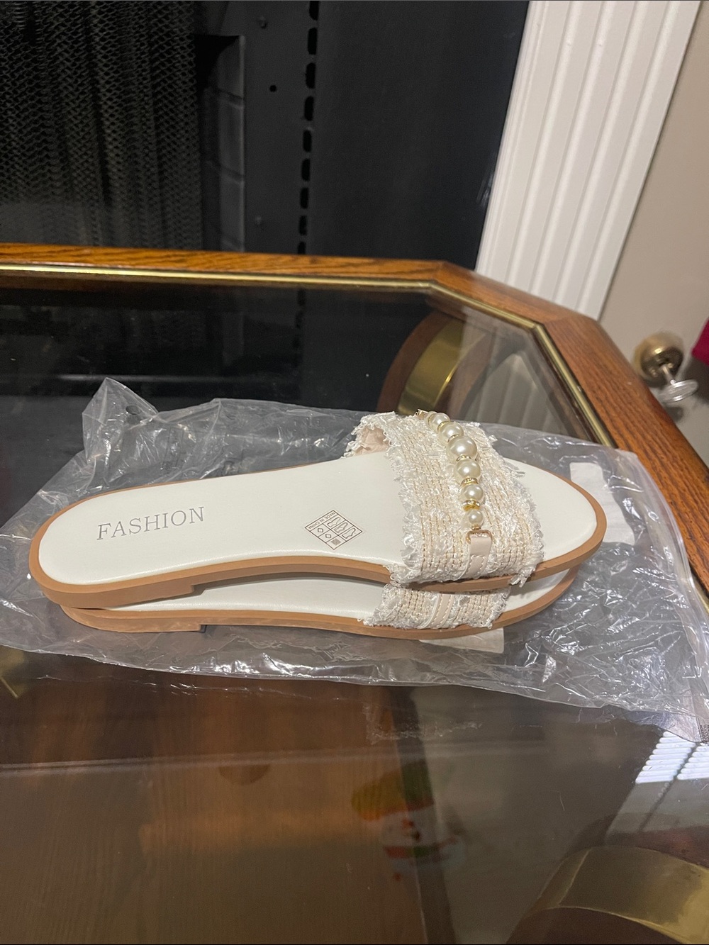 Womens Cream Pearl-Embellished Slide Sandals